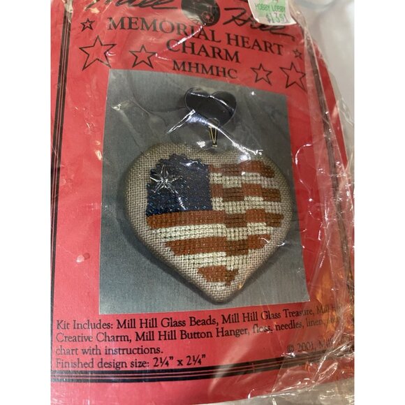 Mill Hill Memorial Heart Charm Flag Patriotic Beaded Embroidery Kit MHMHC Silk - Picture 3 of 3